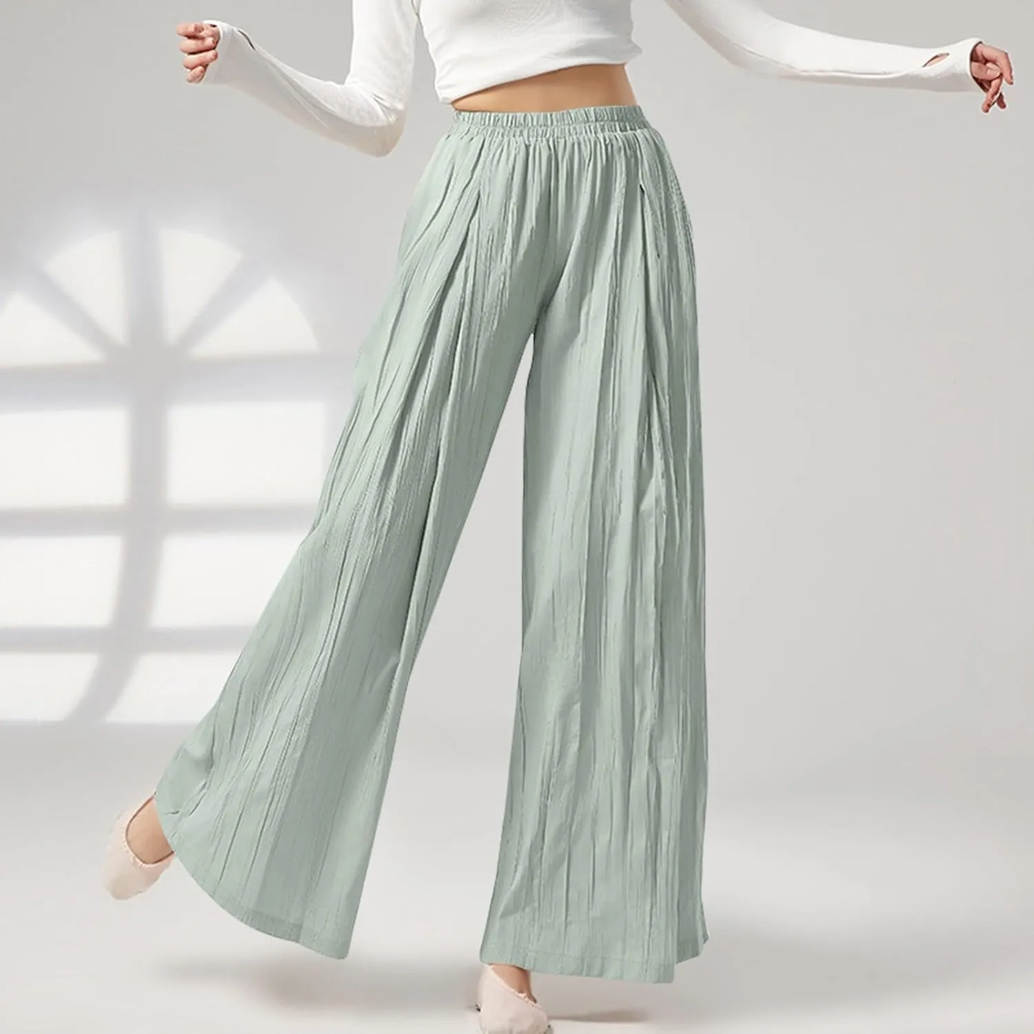 Summer Pants for Women Elastic High Waisted Pleated Pull on Wide Leg Linen Pants Ralexed Fit Flowy Beach Trouser w/Pockets