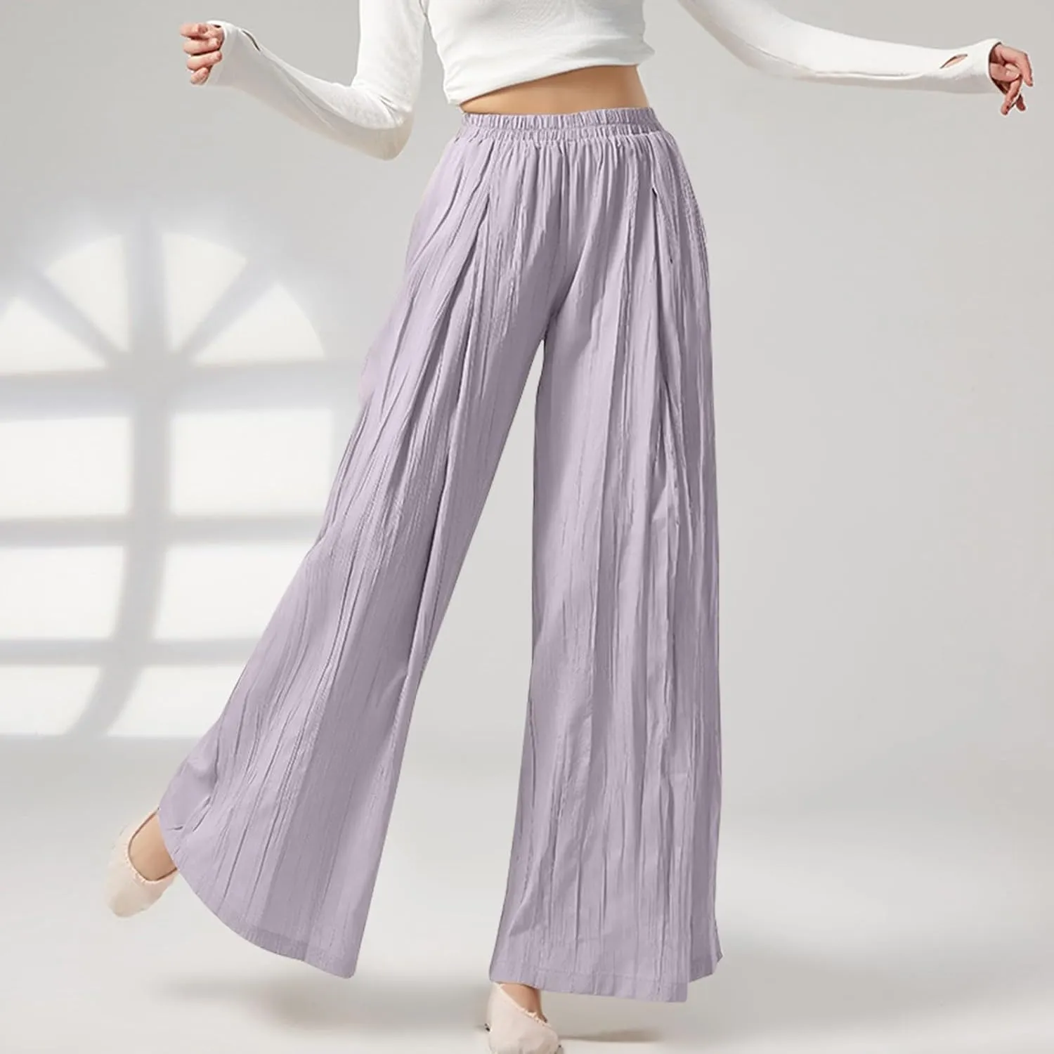 Summer Pants for Women Elastic High Waisted Pleated Pull on Wide Leg Linen Pants Ralexed Fit Flowy Beach Trouser w/Pockets