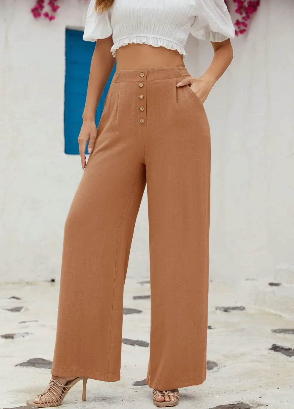 SVALIY Women Flowy Pants Cotton Linen Wide Leg Palazzo Pants Long Lounge Slacks High Waist Button Trousers Pocket