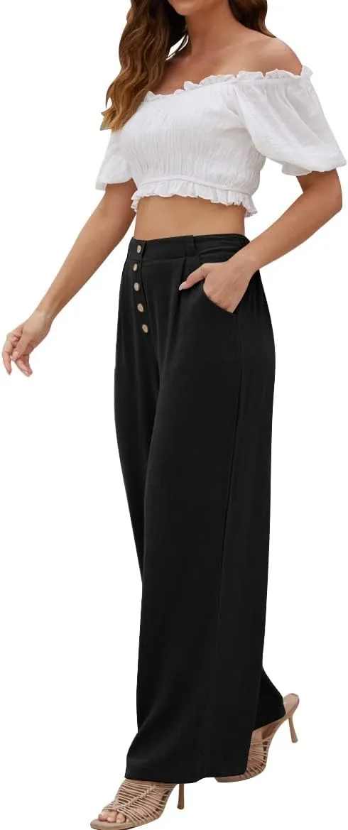 SVALIY Women Flowy Pants Cotton Linen Wide Leg Palazzo Pants Long Lounge Slacks High Waist Button Trousers Pocket