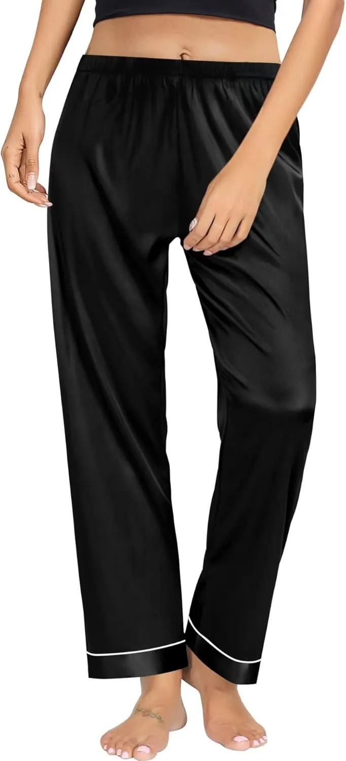 SWOMOG Women's Silk Satin Pants Wide Leg Pajama Bottoms Palazzo Lounge Pants Casual Loose Trousers Pj with Pockets