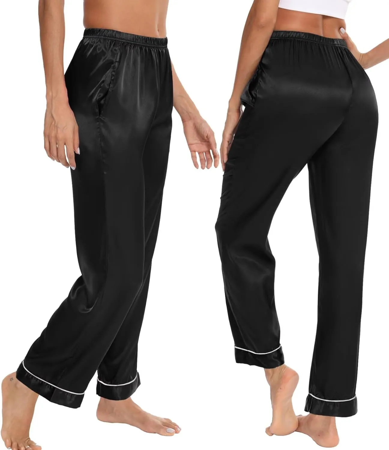 SWOMOG Women's Silk Satin Pants Wide Leg Pajama Bottoms Palazzo Lounge Pants Casual Loose Trousers Pj with Pockets