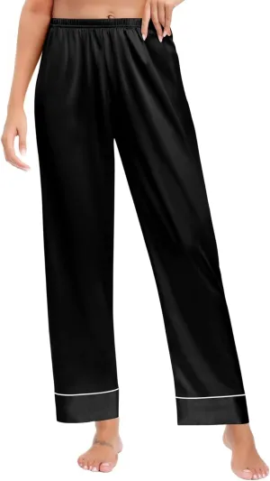 SWOMOG Women's Silk Satin Pants Wide Leg Pajama Bottoms Palazzo Lounge Pants Casual Loose Trousers Pj with Pockets