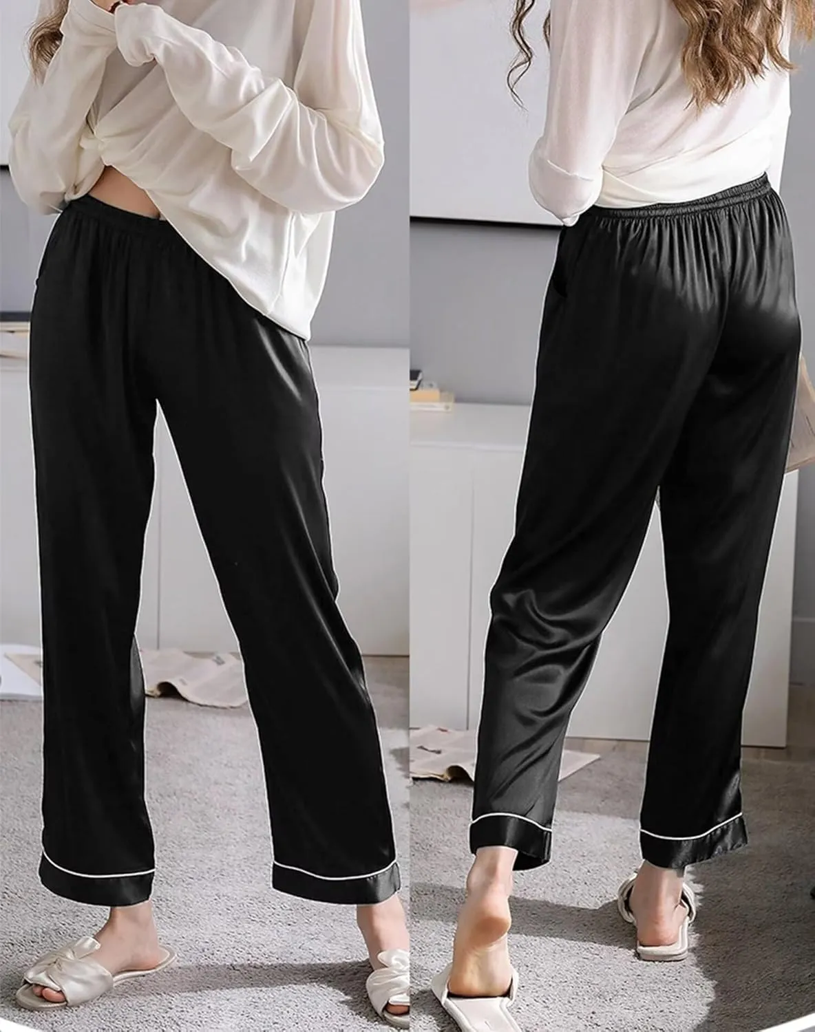 SWOMOG Women's Silk Satin Pants Wide Leg Pajama Bottoms Palazzo Lounge Pants Casual Loose Trousers Pj with Pockets