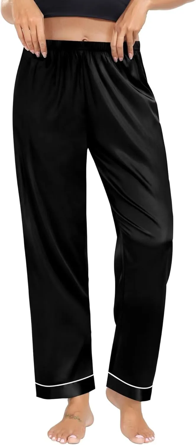 SWOMOG Women's Silk Satin Pants Wide Leg Pajama Bottoms Palazzo Lounge Pants Casual Loose Trousers Pj with Pockets