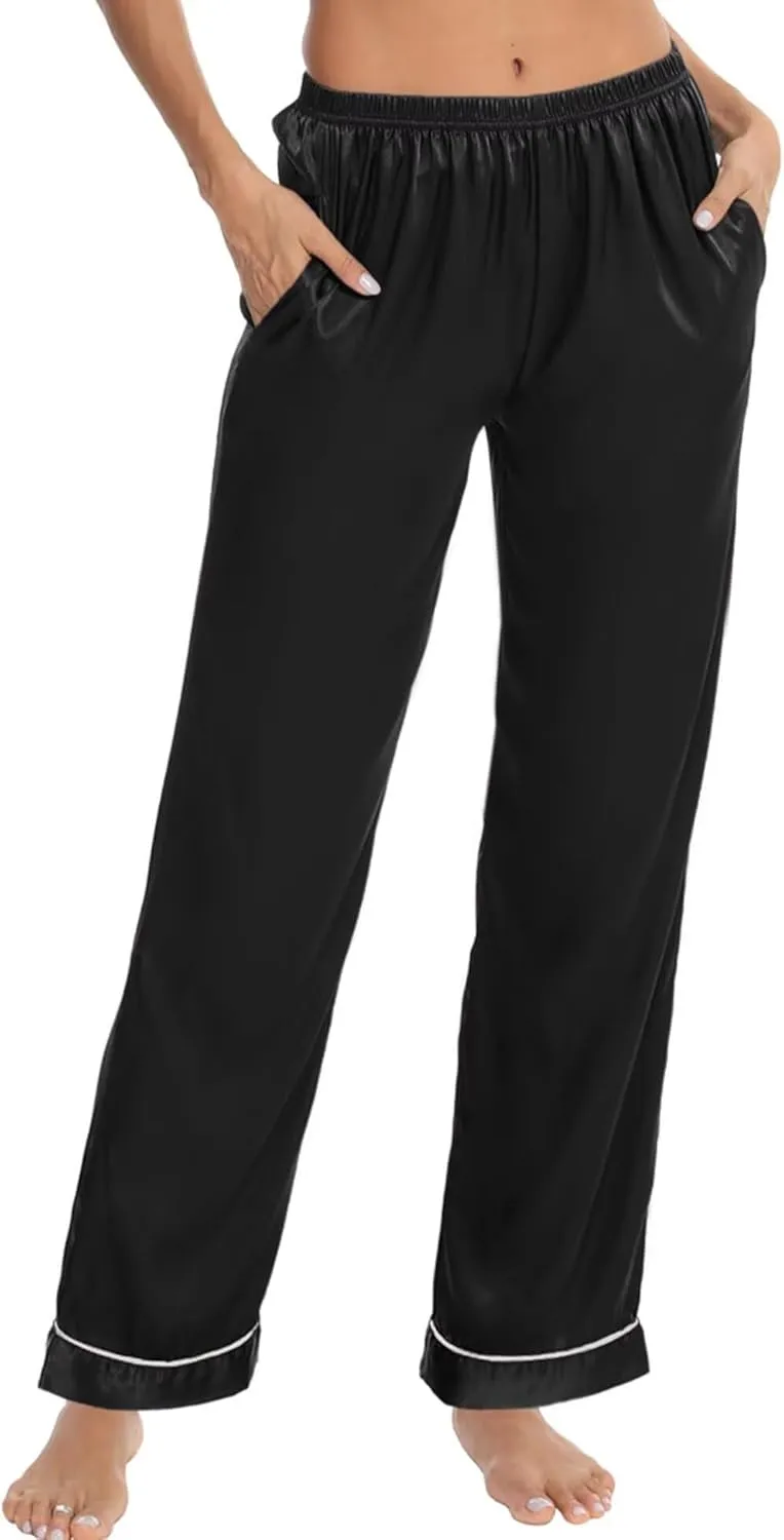 SWOMOG Women's Silk Satin Pants Wide Leg Pajama Bottoms Palazzo Lounge Pants Casual Loose Trousers Pj with Pockets