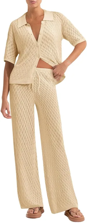 Tankaneo Womens Summer 2 Piece Swimsuit Cover up Crochet Knit Cardigan Tops Long Pants Bathing Suit Beach Outfit