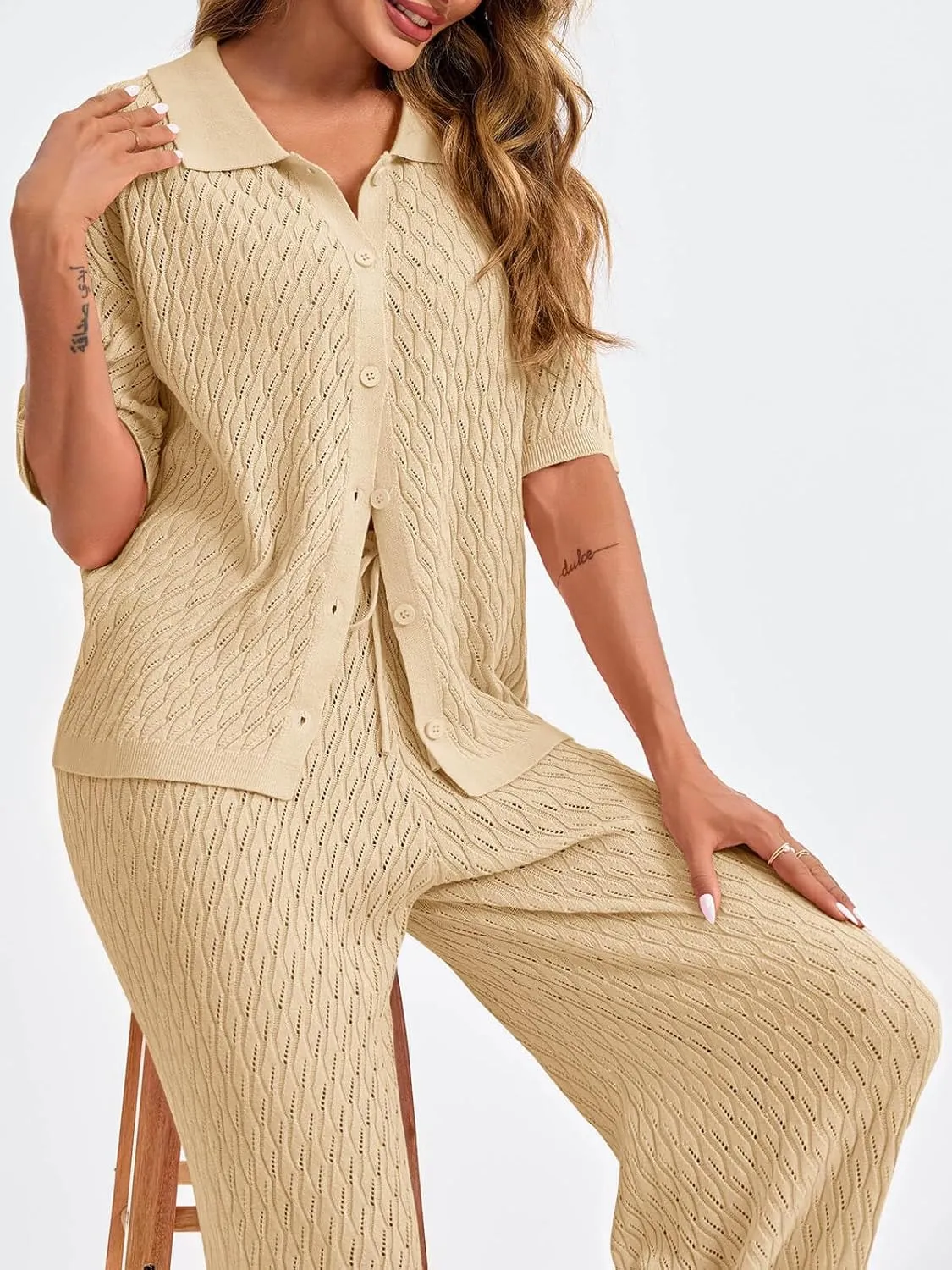 Tankaneo Womens Summer 2 Piece Swimsuit Cover up Crochet Knit Cardigan Tops Long Pants Bathing Suit Beach Outfit