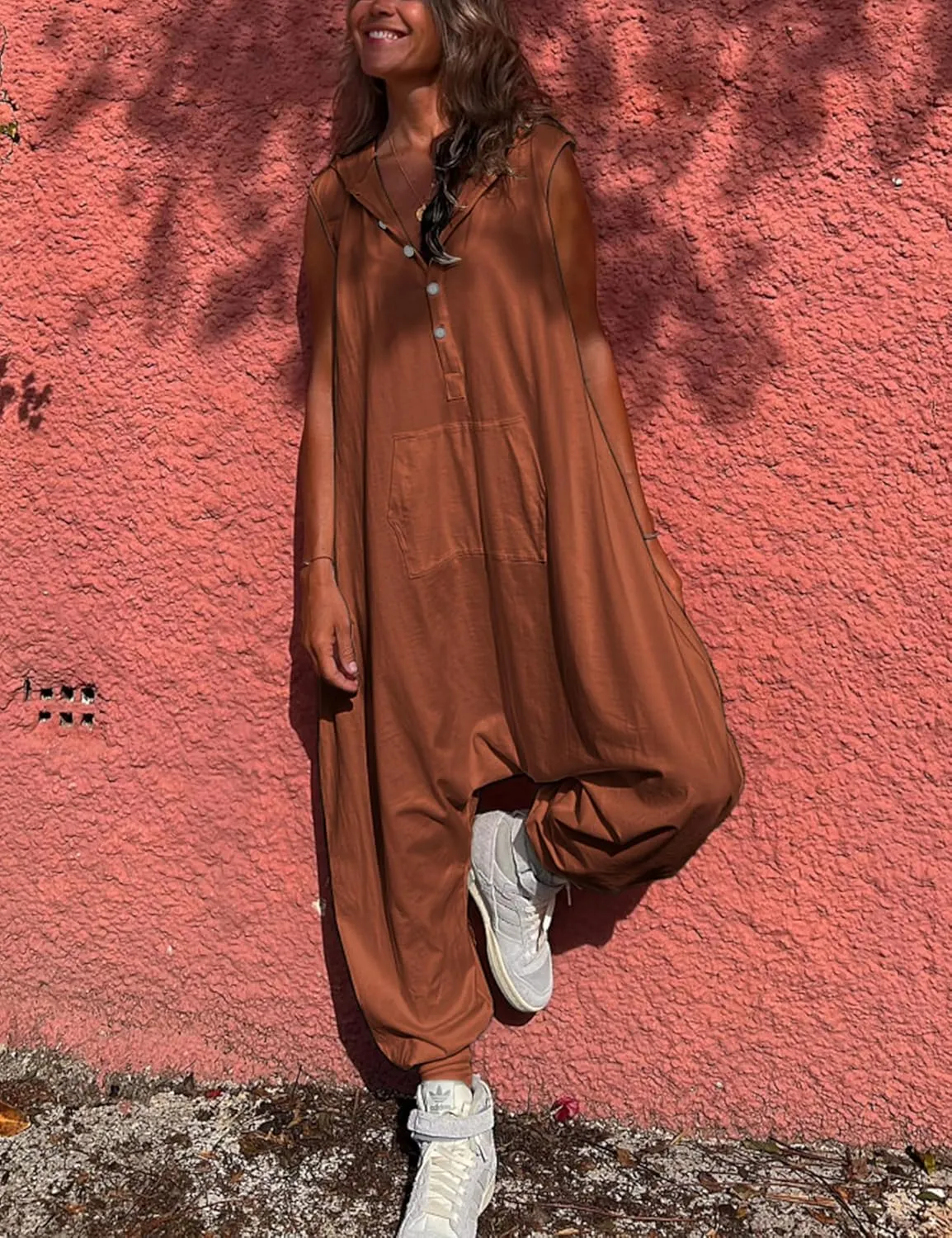 Tanming Hooded Jumpsuits for Women Casual Sleeveless Long Harem Pants Romper with Pockets