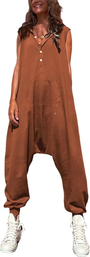 Tanming Hooded Jumpsuits for Women Casual Sleeveless Long Harem Pants Romper with Pockets