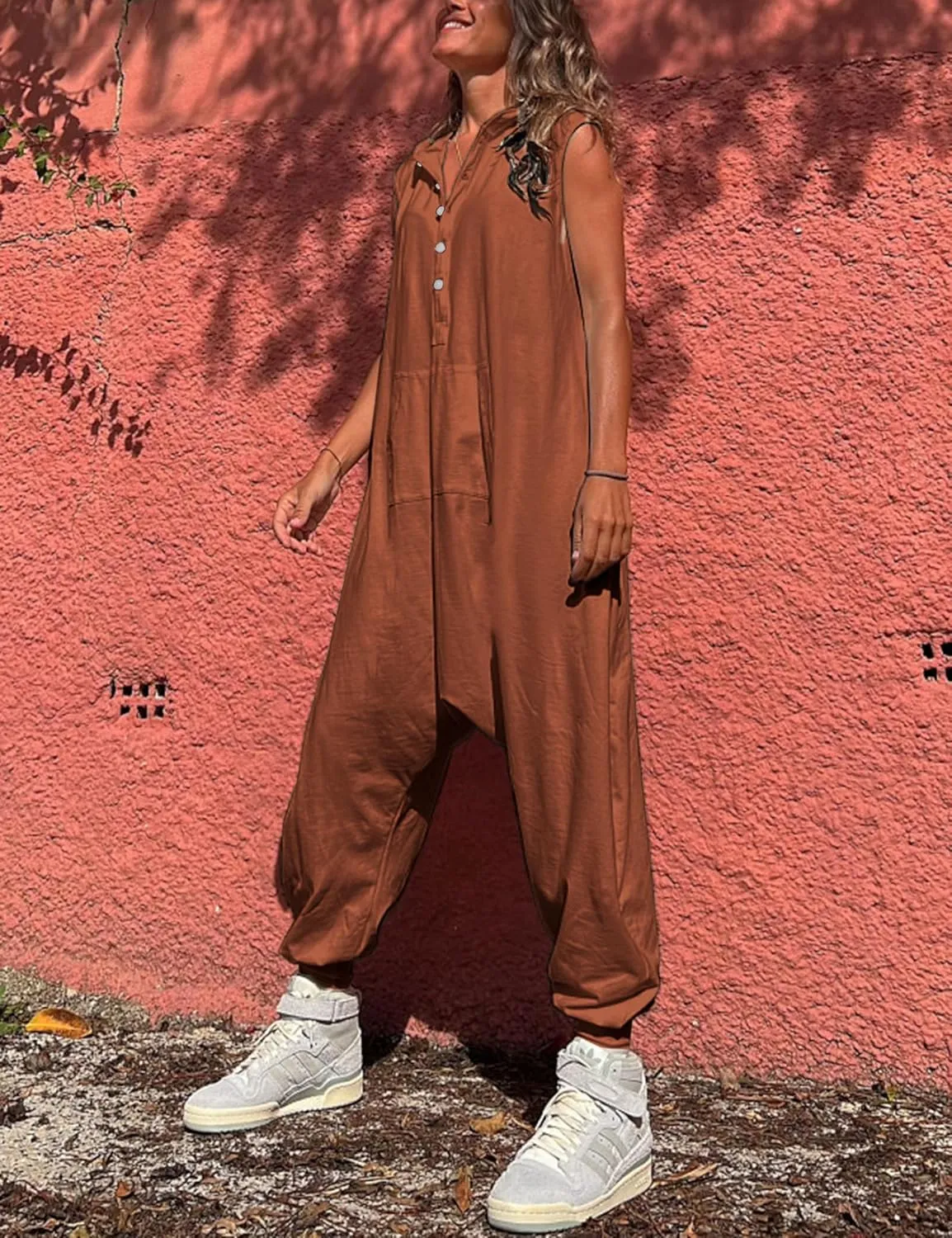 Tanming Hooded Jumpsuits for Women Casual Sleeveless Long Harem Pants Romper with Pockets