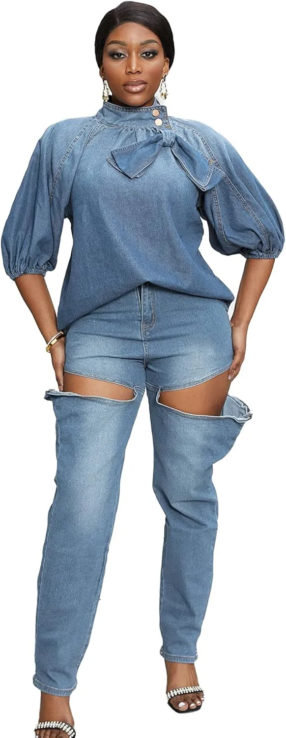 Tbahhir Women's Denim Blouse Blue Bow Tie Jean Shirt Puff Sleeves Mock Neck Cropped Top Casual