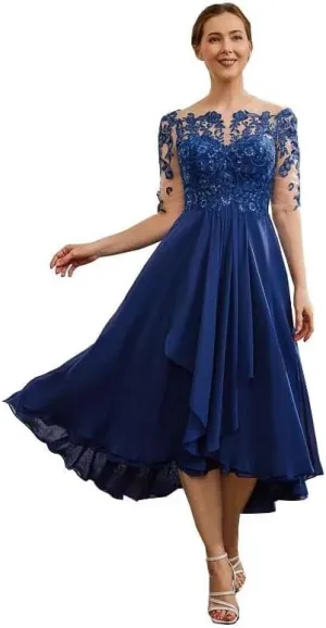 Tea Length Mother of The Bride Dresses for Wedding Lace Applique Half Sleeve Chiffon Formal Evening Party Gown