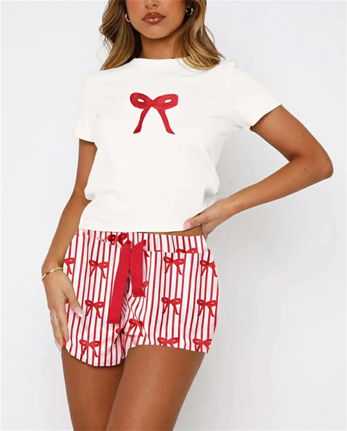 Thopavenoir Women Bow Pajamas Set Y2k Girls Cute Lounge Set Short Sleeve T-Shirt Graphic Crop Top Shorts Set 2 Piece Pj Set