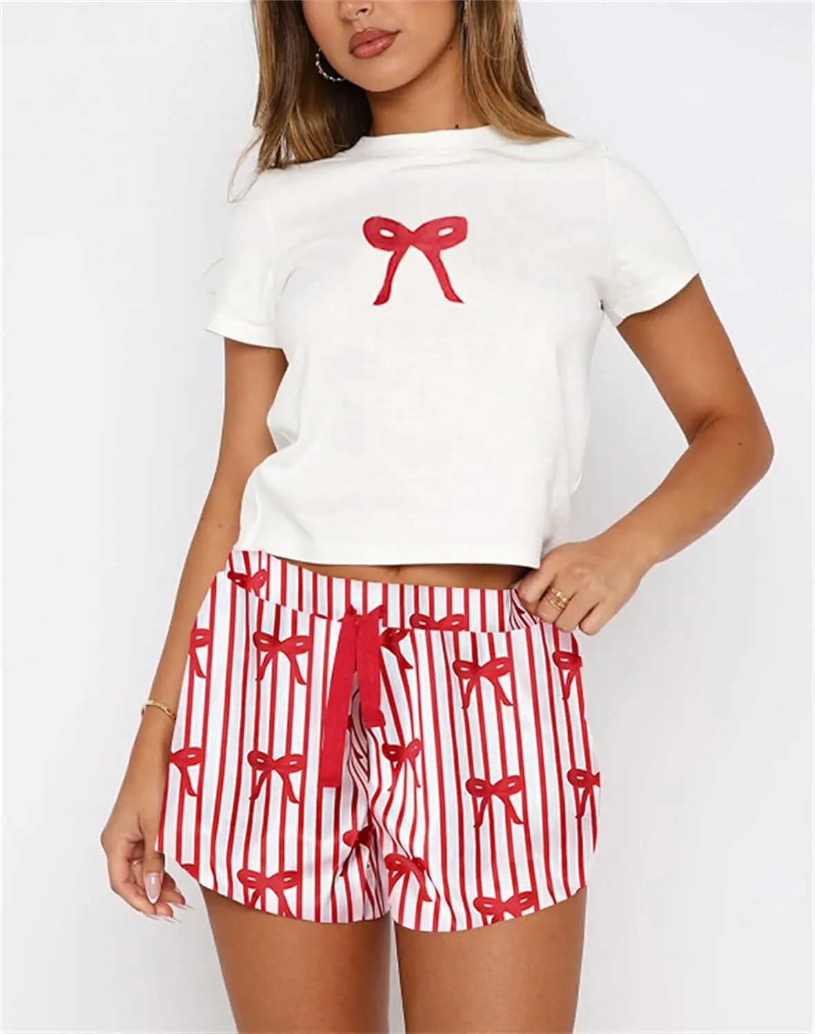 Thopavenoir Women Bow Pajamas Set Y2k Girls Cute Lounge Set Short Sleeve T-Shirt Graphic Crop Top Shorts Set 2 Piece Pj Set