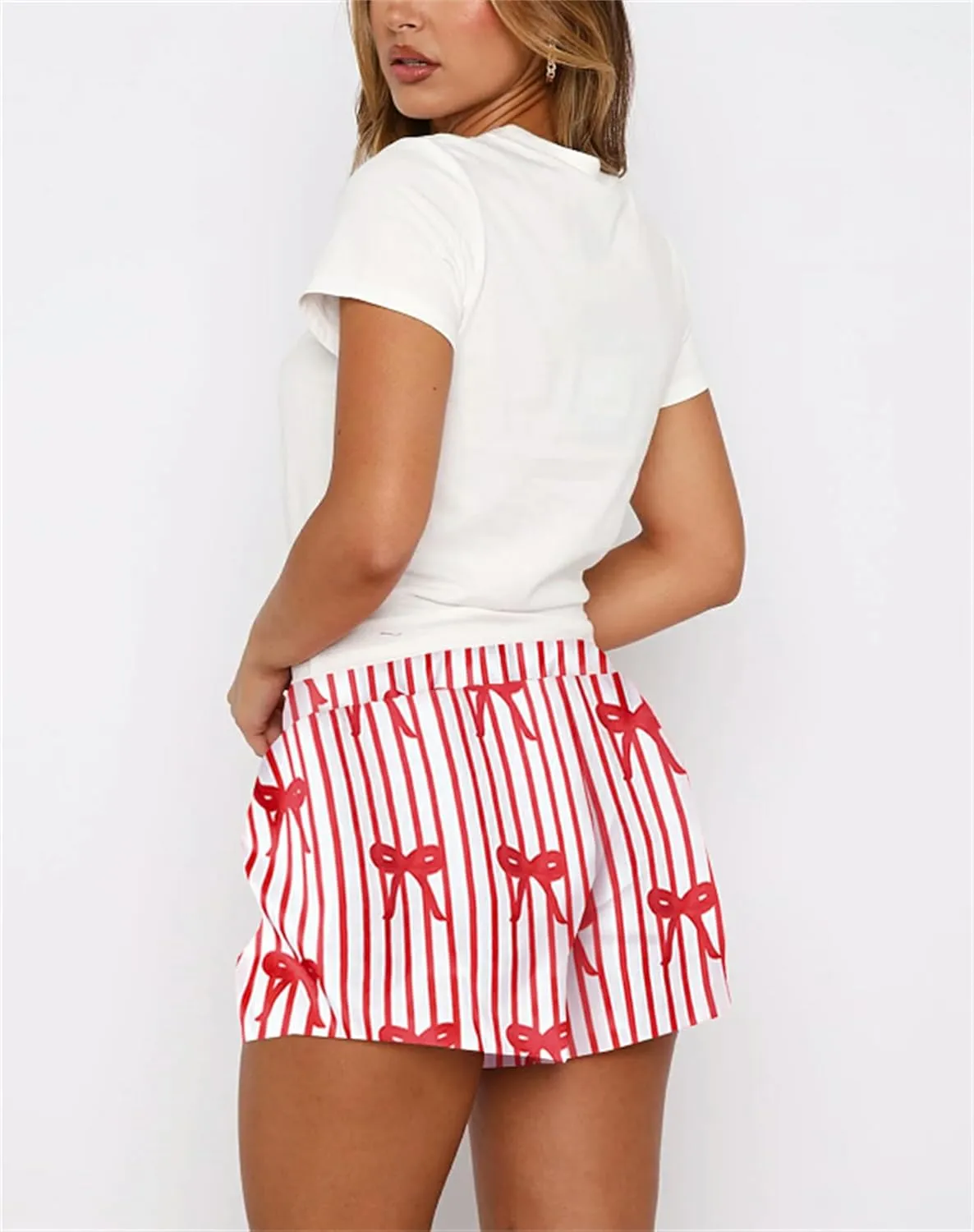 Thopavenoir Women Bow Pajamas Set Y2k Girls Cute Lounge Set Short Sleeve T-Shirt Graphic Crop Top Shorts Set 2 Piece Pj Set