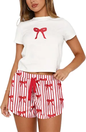 Thopavenoir Women Bow Pajamas Set Y2k Girls Cute Lounge Set Short Sleeve T-Shirt Graphic Crop Top Shorts Set 2 Piece Pj Set
