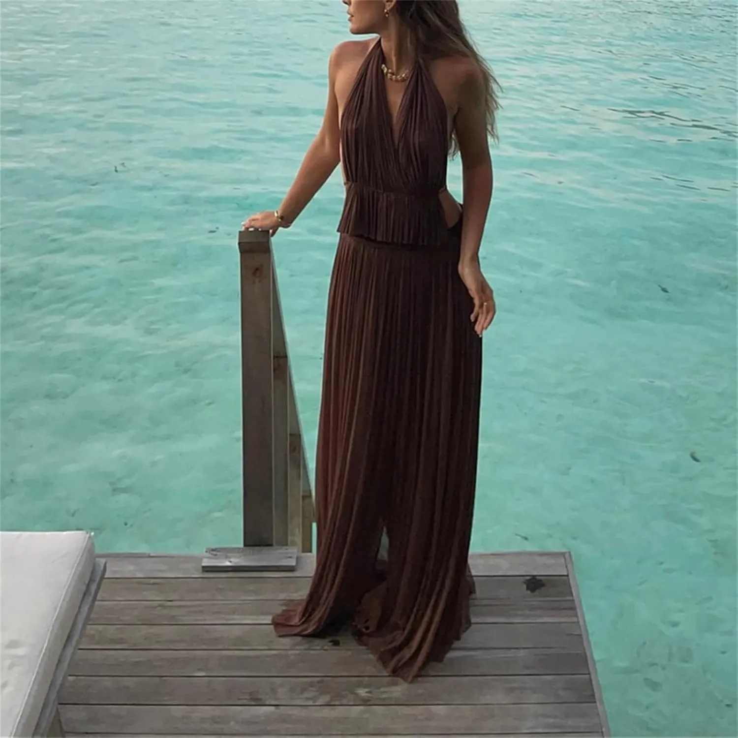 Thopavenoir Women's Sexy 2 Piece Outfits Halter Neck Backless Tank Tops and Pleated Swing Maxi Skirt Sets Summer Beachwear