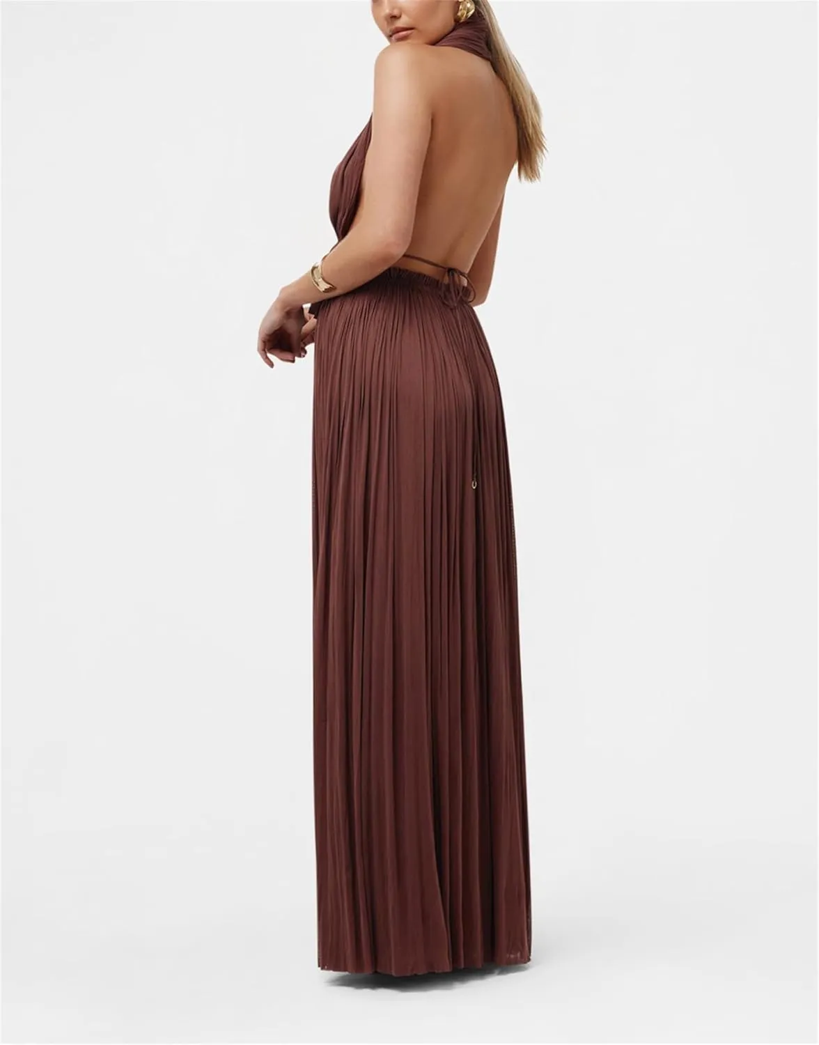 Thopavenoir Women's Sexy 2 Piece Outfits Halter Neck Backless Tank Tops and Pleated Swing Maxi Skirt Sets Summer Beachwear