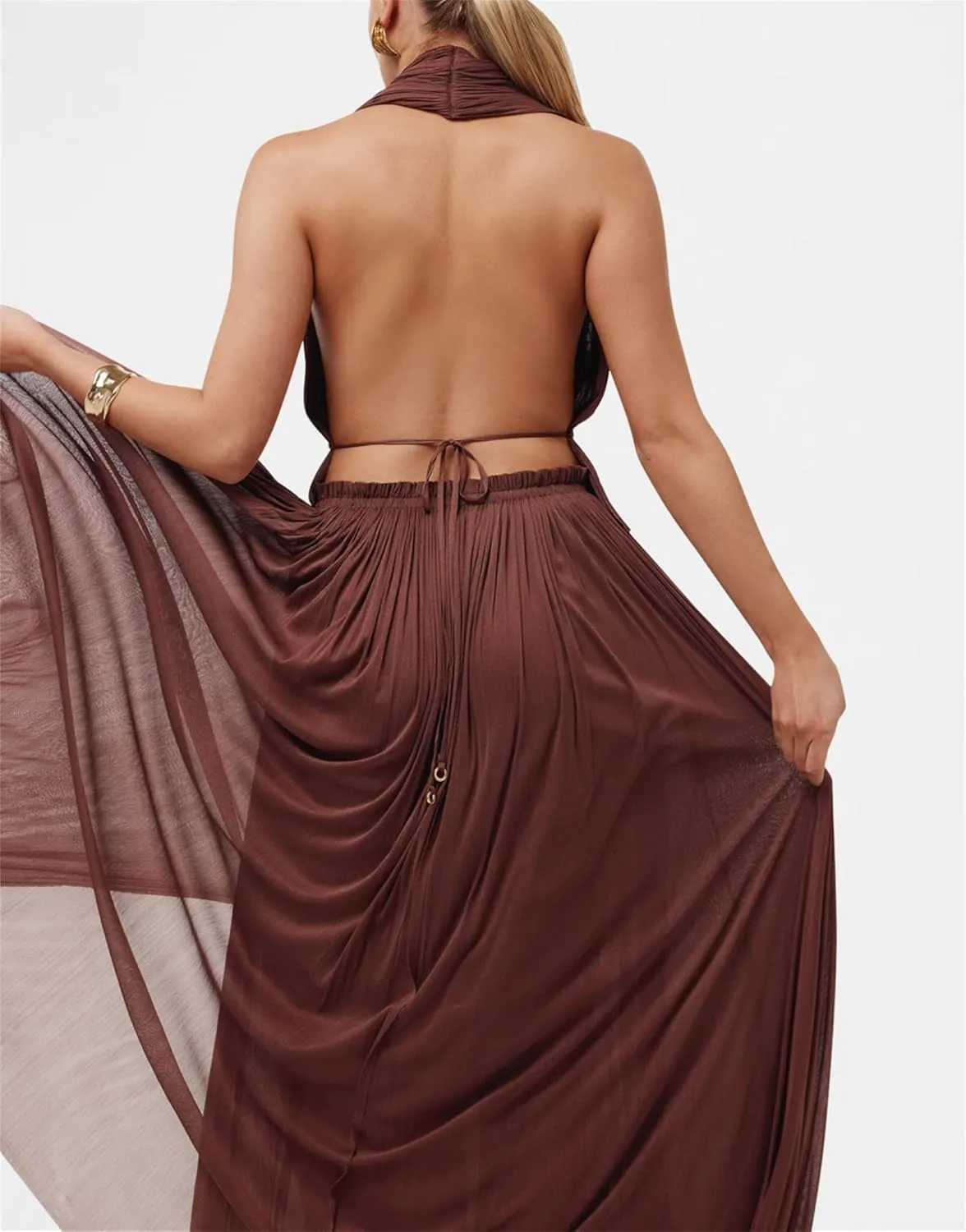 Thopavenoir Women's Sexy 2 Piece Outfits Halter Neck Backless Tank Tops and Pleated Swing Maxi Skirt Sets Summer Beachwear