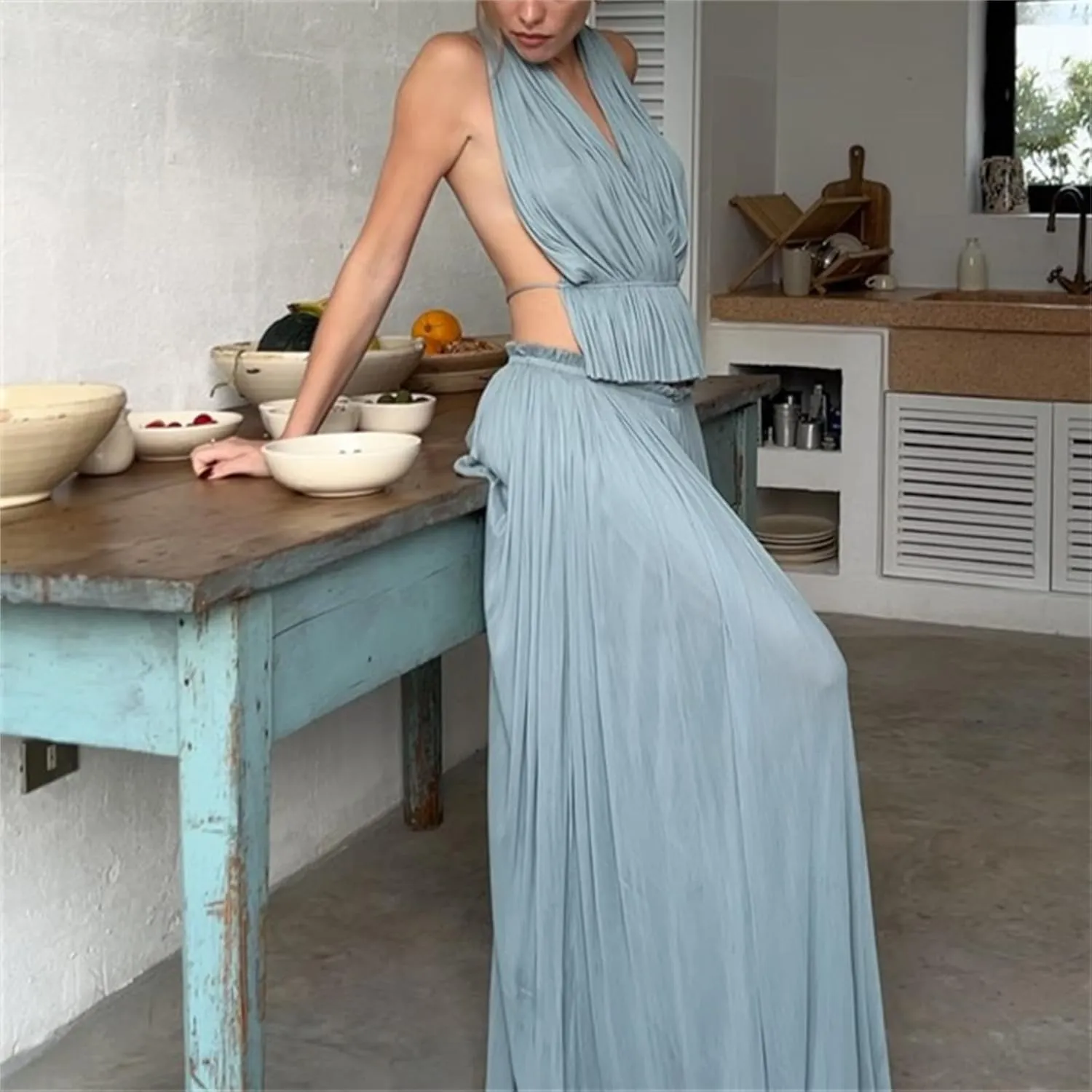 Thopavenoir Women's Sexy 2 Piece Outfits Halter Neck Backless Tank Tops and Pleated Swing Maxi Skirt Sets Summer Beachwear