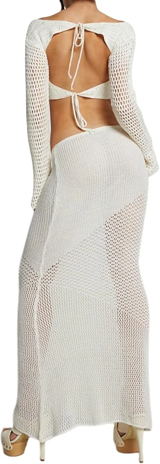 Tsnbre Knit Sets Two Piece Skirt Outfits for Women Hollow Out Long Sleeve Crop Top Bodycon Maxi Dress 2 Piece Summer Set