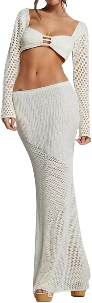 Tsnbre Knit Sets Two Piece Skirt Outfits for Women Hollow Out Long Sleeve Crop Top Bodycon Maxi Dress 2 Piece Summer Set