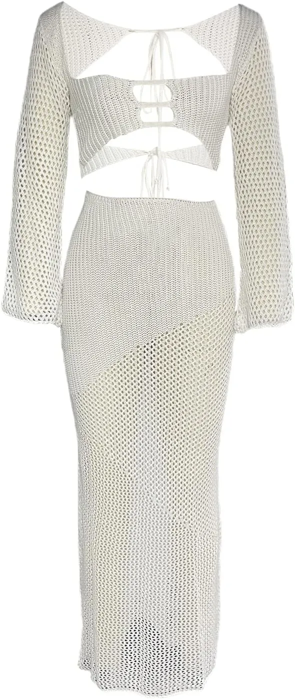 Tsnbre Knit Sets Two Piece Skirt Outfits for Women Hollow Out Long Sleeve Crop Top Bodycon Maxi Dress 2 Piece Summer Set