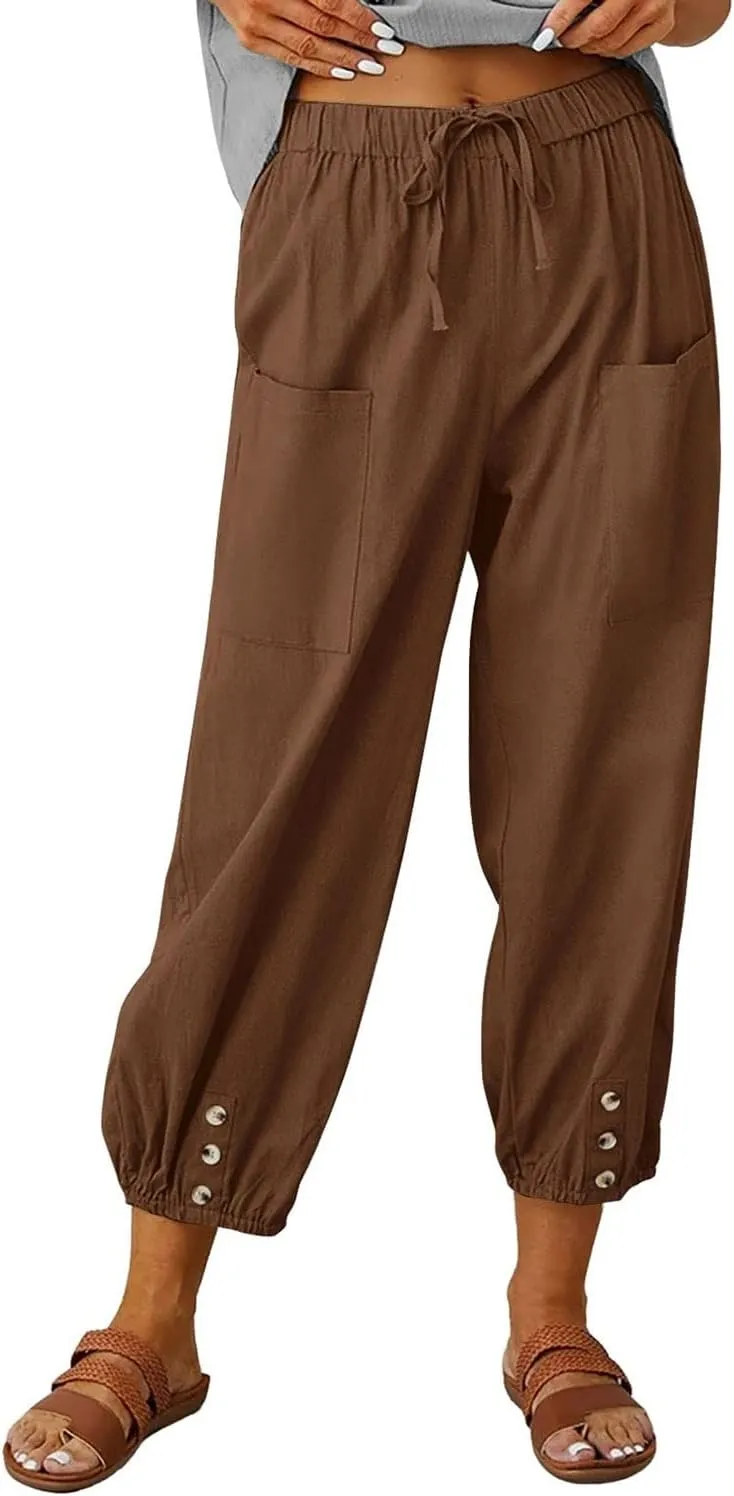 utcoco Women's Cotton Linen Harem Pants High Waist Drawstring Trousers Casual Loose Button Cropped Pants