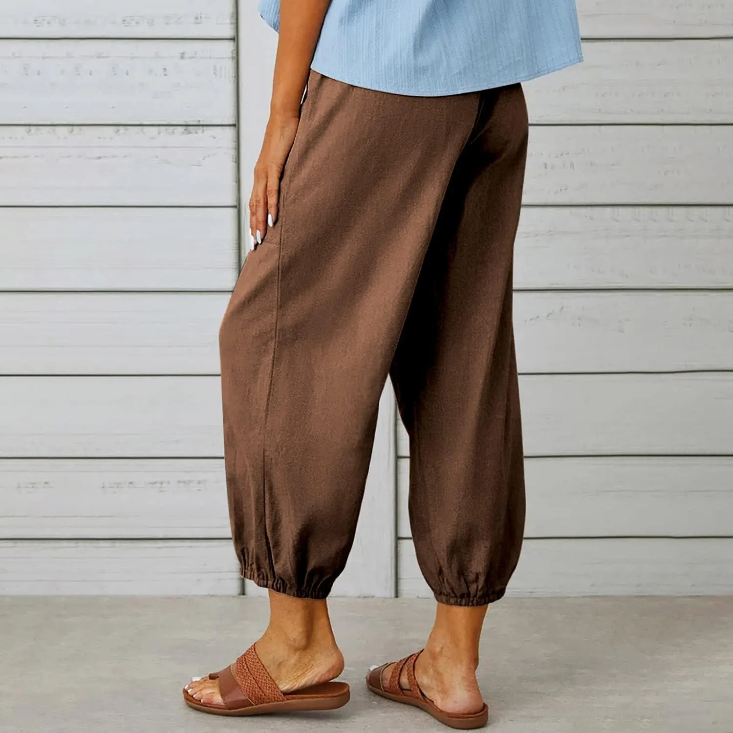 utcoco Women's Cotton Linen Harem Pants High Waist Drawstring Trousers Casual Loose Button Cropped Pants
