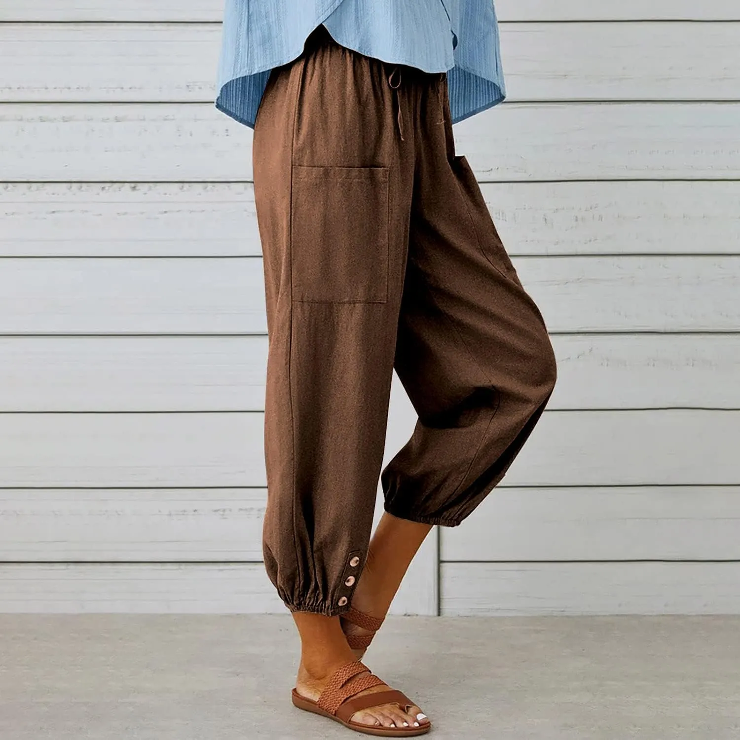 utcoco Women's Cotton Linen Harem Pants High Waist Drawstring Trousers Casual Loose Button Cropped Pants