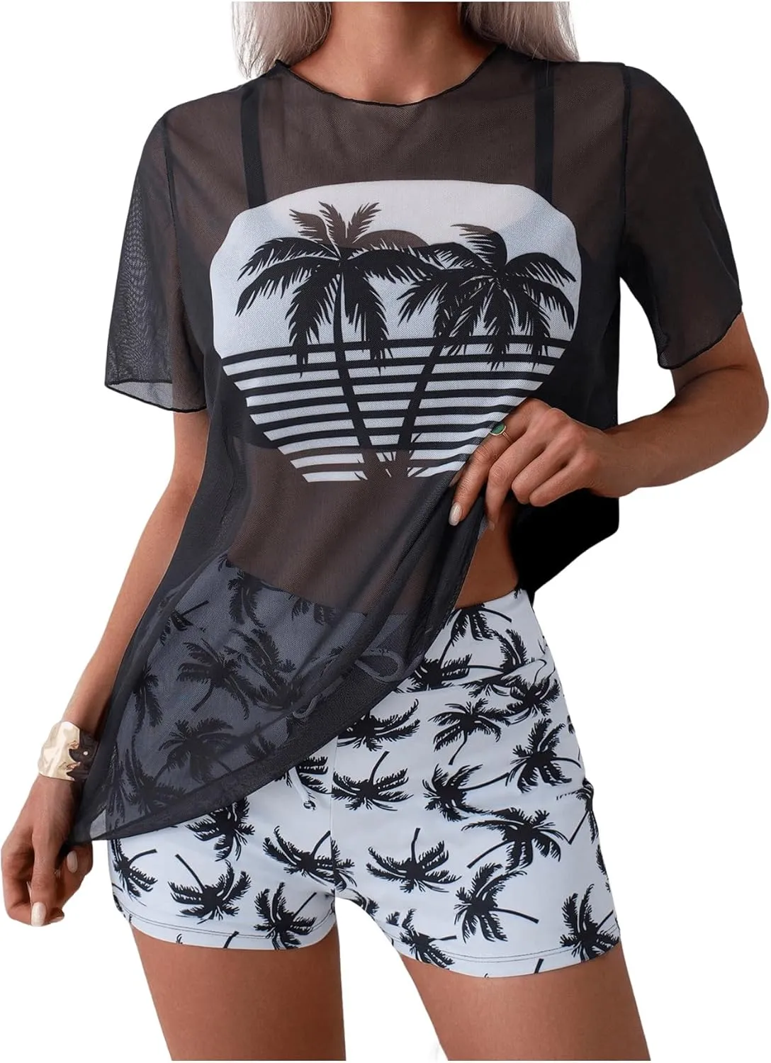 Verdusa Women's 3 Piece Tropical Tankini Set Wireless Bra and Shorts with Cover Up Tops