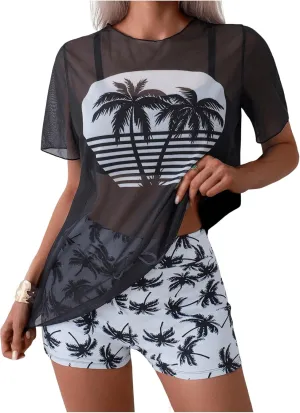 Verdusa Women's 3 Piece Tropical Tankini Set Wireless Bra and Shorts with Cover Up Tops