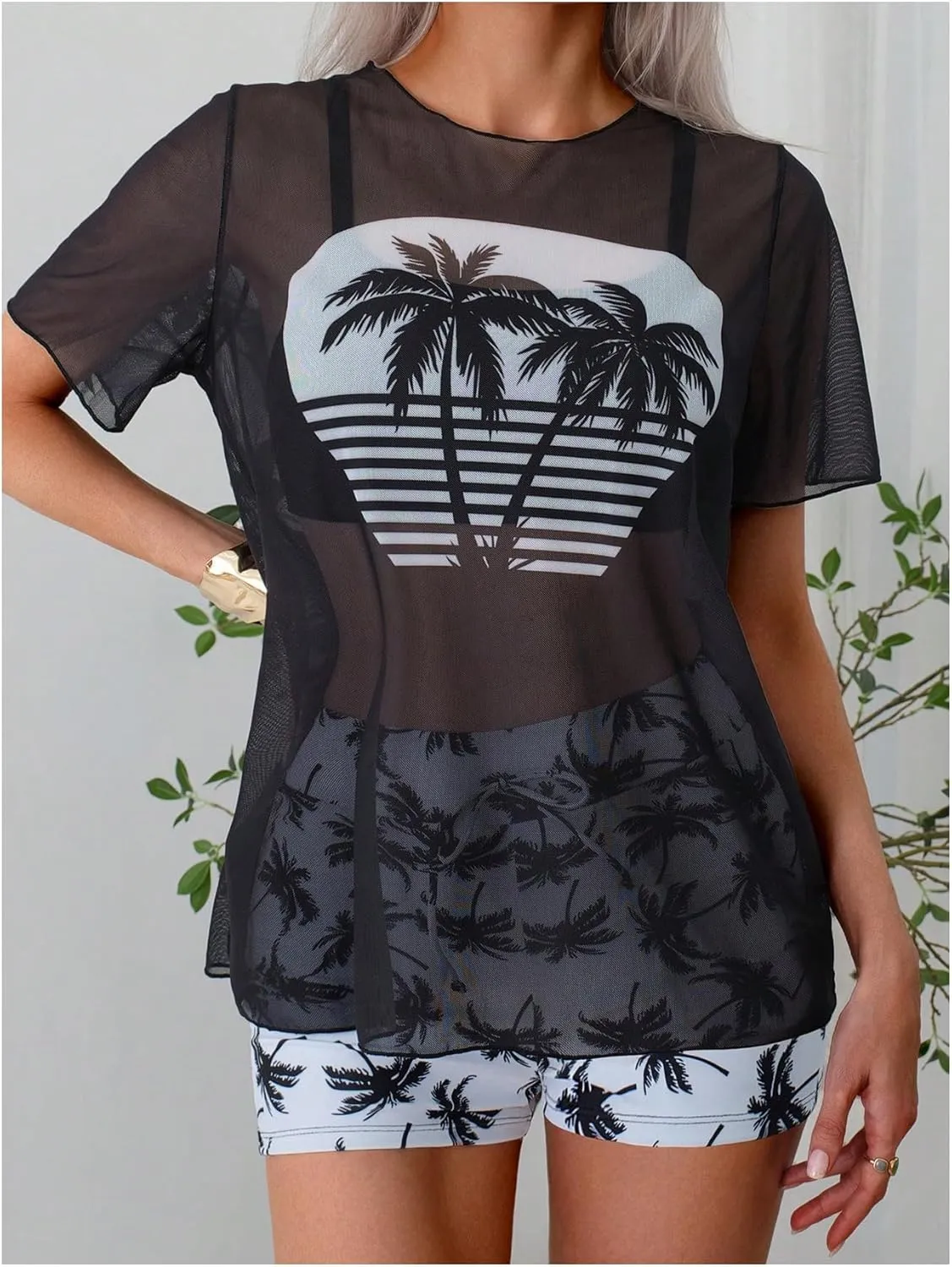 Verdusa Women's 3 Piece Tropical Tankini Set Wireless Bra and Shorts with Cover Up Tops