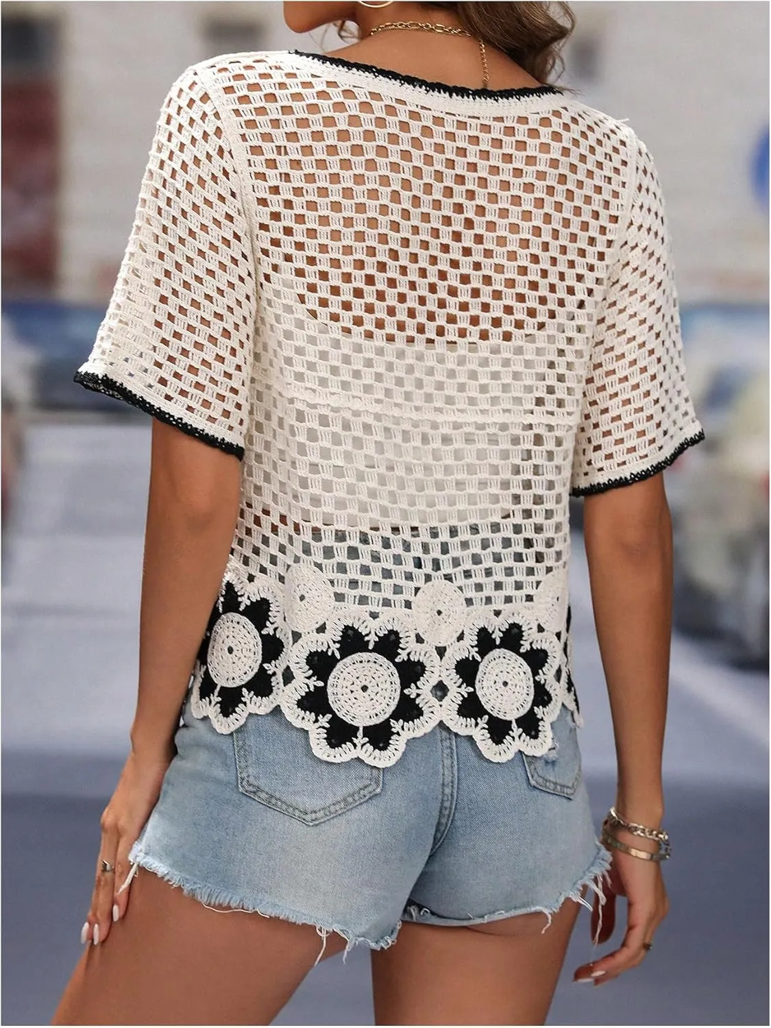 Verdusa Women's Crochet Knit Cardigan Button Up Short Sleeve V Neck Cardigan Sweater