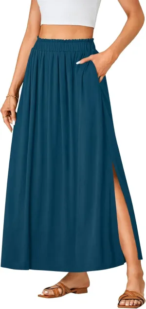 Vrtige Women's Casual Elastic High Waist A Line Flowy Maxi Long Skirt with Pockets