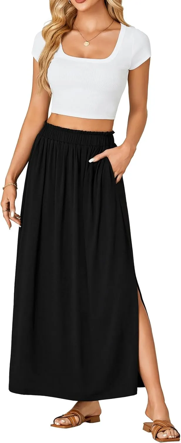 Vrtige Women's Casual Elastic High Waist A Line Flowy Maxi Long Skirt with Pockets