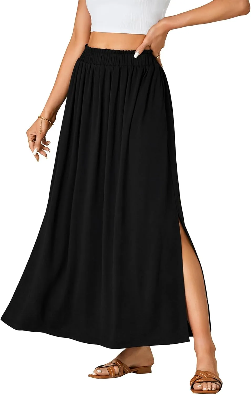 Vrtige Women's Casual Elastic High Waist A Line Flowy Maxi Long Skirt with Pockets