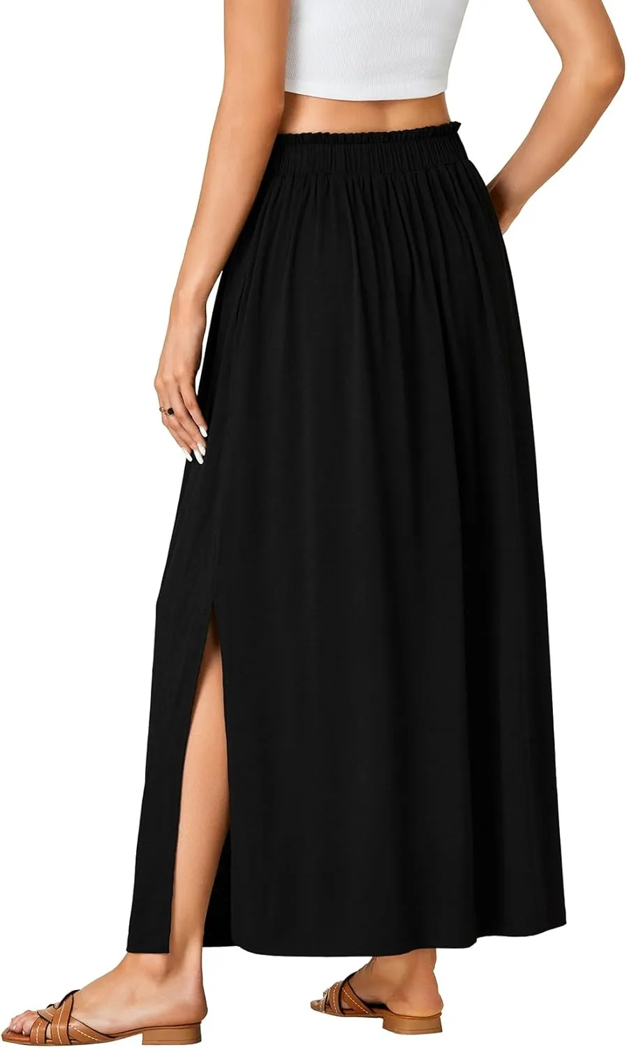 Vrtige Women's Casual Elastic High Waist A Line Flowy Maxi Long Skirt with Pockets