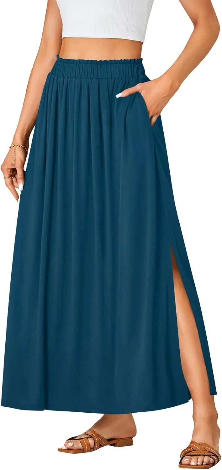 Vrtige Women's Casual Elastic High Waist A Line Flowy Maxi Long Skirt with Pockets