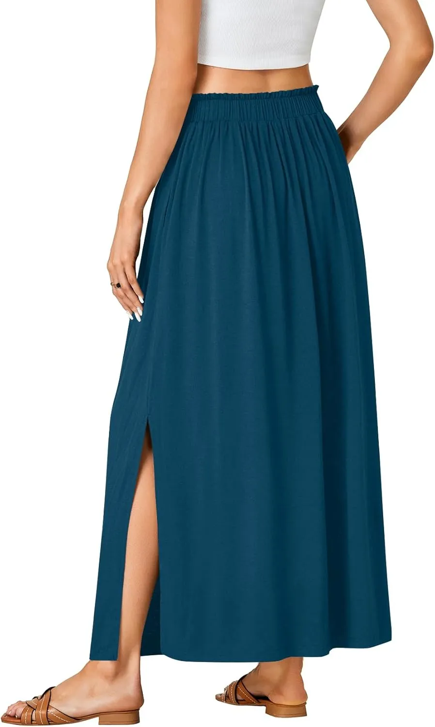 Vrtige Women's Casual Elastic High Waist A Line Flowy Maxi Long Skirt with Pockets
