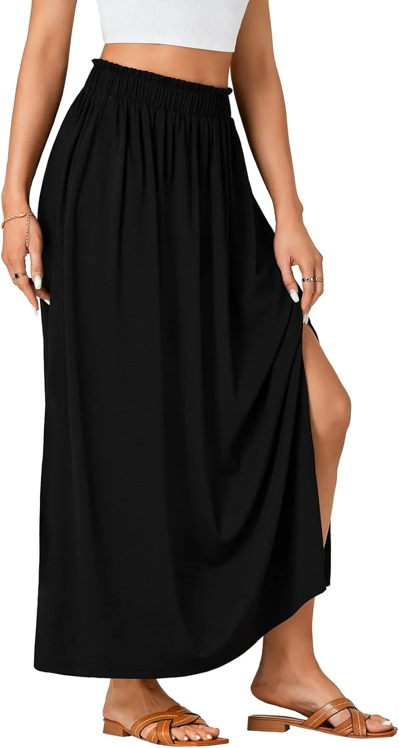 Vrtige Women's Casual Elastic High Waist A Line Flowy Maxi Long Skirt with Pockets