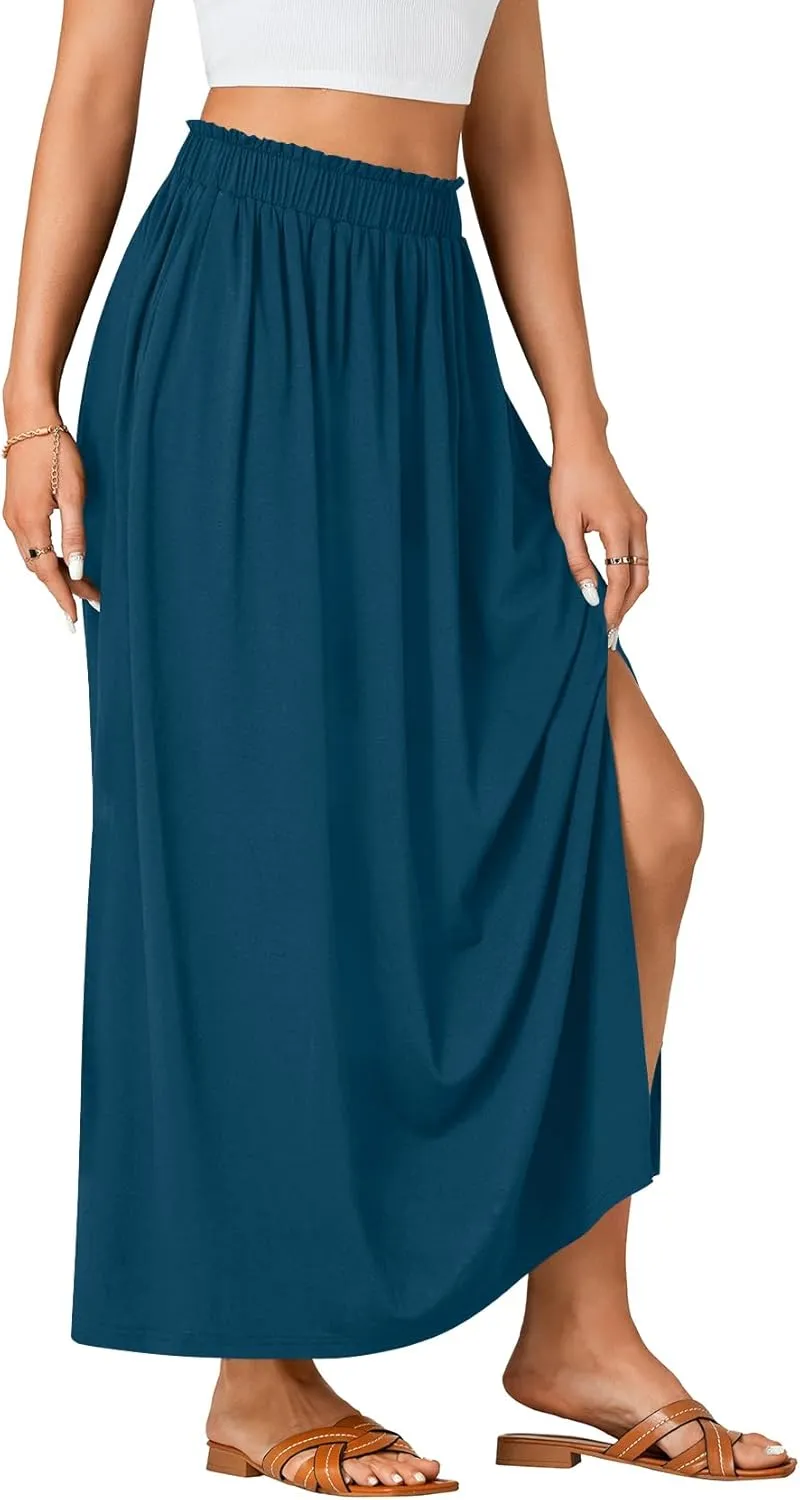 Vrtige Women's Casual Elastic High Waist A Line Flowy Maxi Long Skirt with Pockets