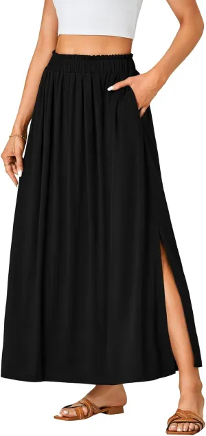 Vrtige Women's Casual Elastic High Waist A Line Flowy Maxi Long Skirt with Pockets