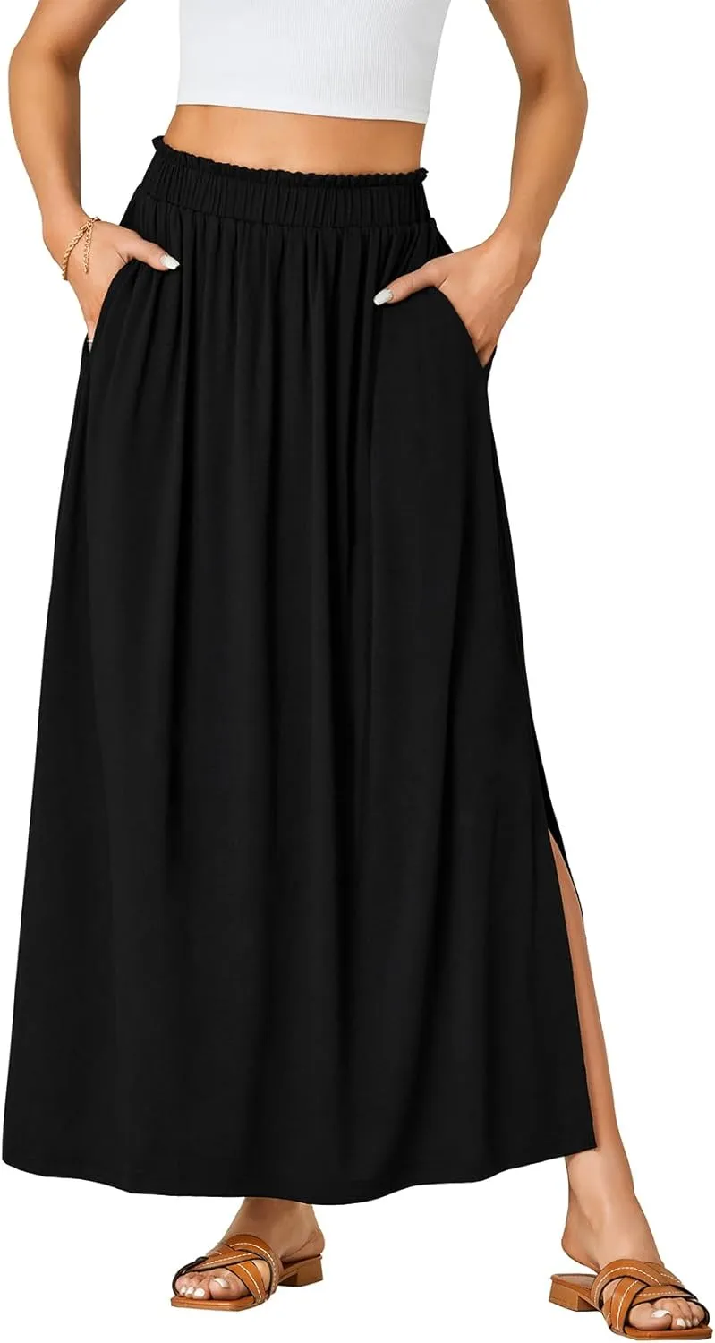 Vrtige Women's Casual Elastic High Waist A Line Flowy Maxi Long Skirt with Pockets