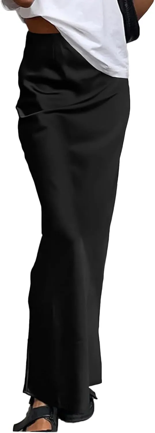 Vrtige Women's Elegant Satin Silky High Waist Zipper Flowy A Line Maxi Long Skirt