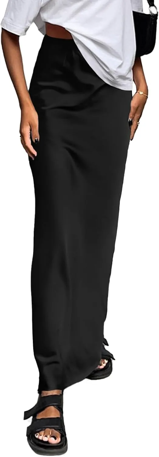 Vrtige Women's Elegant Satin Silky High Waist Zipper Flowy A Line Maxi Long Skirt