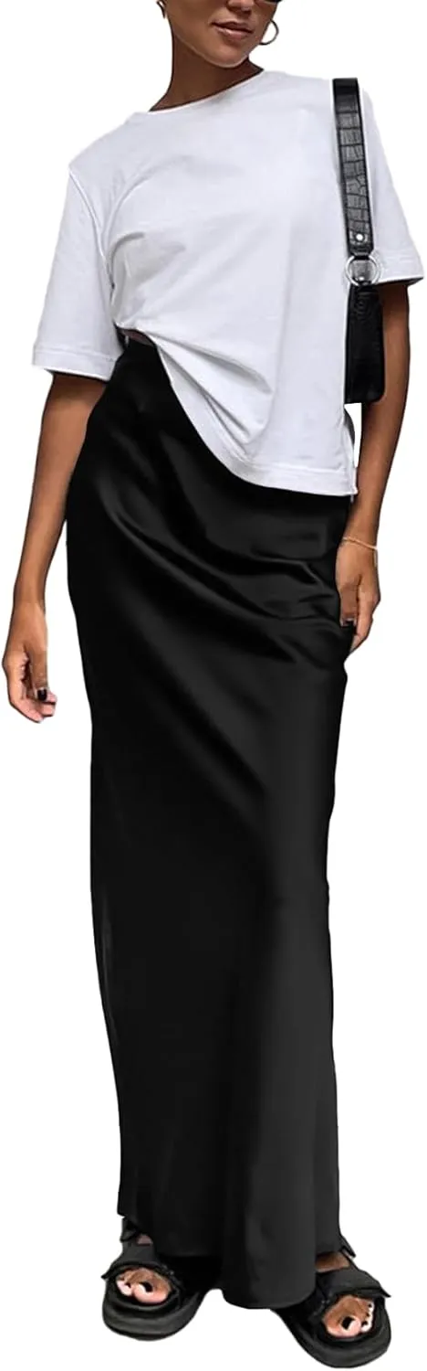 Vrtige Women's Elegant Satin Silky High Waist Zipper Flowy A Line Maxi Long Skirt