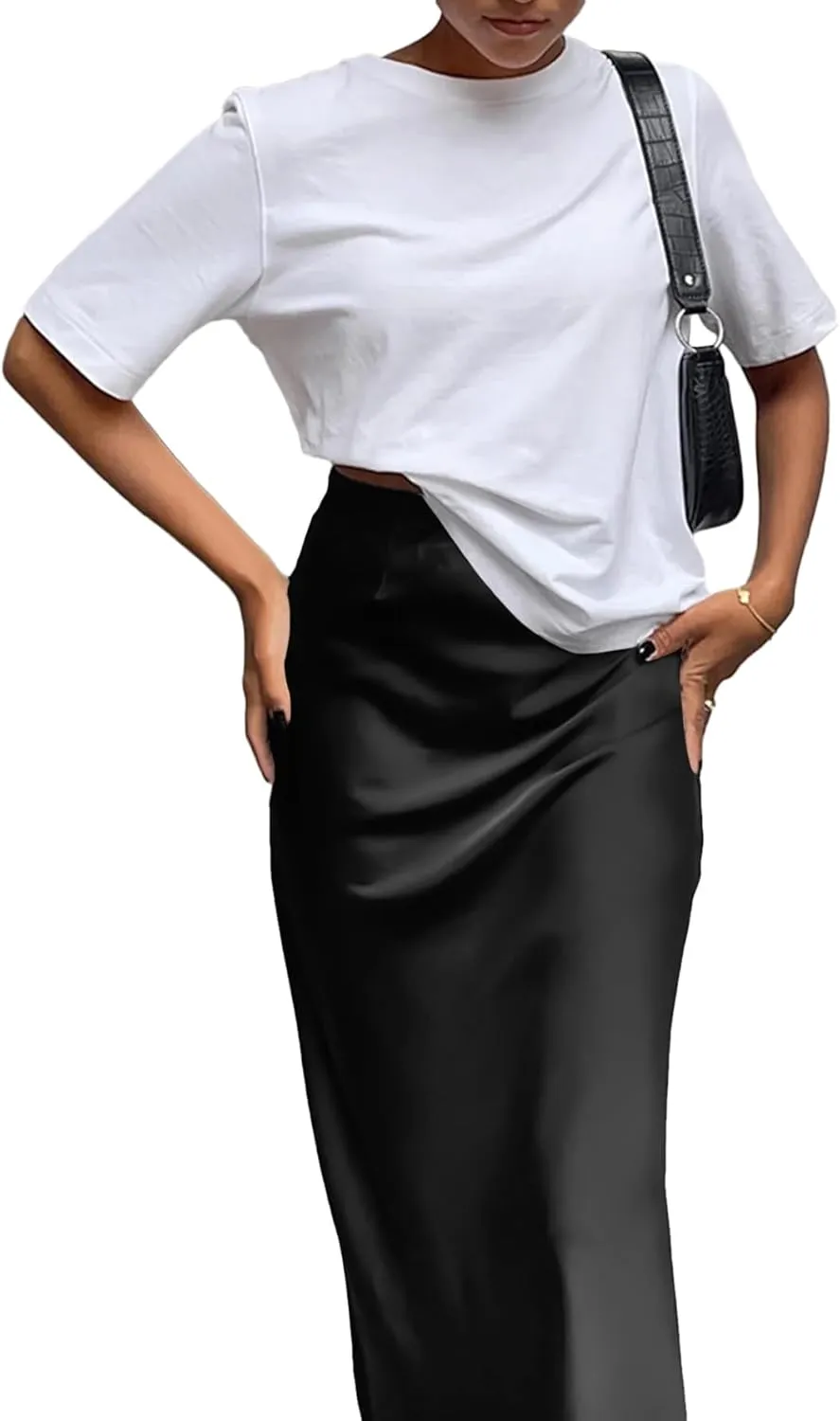 Vrtige Women's Elegant Satin Silky High Waist Zipper Flowy A Line Maxi Long Skirt