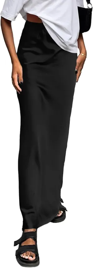 Vrtige Women's Elegant Satin Silky High Waist Zipper Flowy A Line Maxi Long Skirt